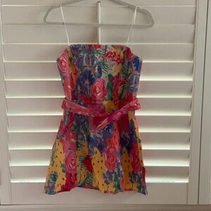 Strapless floral Amanda Uprichard Fae mini dress w/ belt. NWT. Size M.